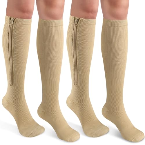 Image of CASMON 2 Pairs Zipper Compression Socks for Women & Men,15-20 mmHg Closed Toe Knee High Support Sock for Varicose Vein Edema