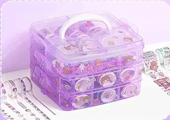 LAEMENOZ Washi Tape Set - 100 Pcs Designer Decorative Gift Packing Tape Masking Tapes with 20 Pcs Kawaii Stickers, Tweezer, Pen and Spatula in 3 Layer Box, Tapes for Art & Craft (Purple Color Box)