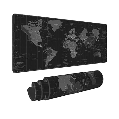 Tapis de souris pour gaming avec motif carte du monde et fuseau horaire - Taille XL - Semelle en caoutchouc cousue - Pour la maison et le bureau - 80 x 30 cm