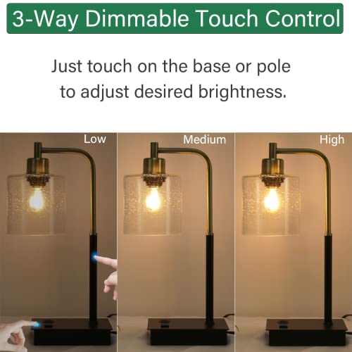 Oyedis Touch Control Table Lamp 3-Way Dimmable Modern Bedside Nightstand Lamp With Usb Type C Port 1 Ac Outlet Small Desk Lamp With Seeded Glass Shade For Children Office Dorm, Bulb Included #TOP2