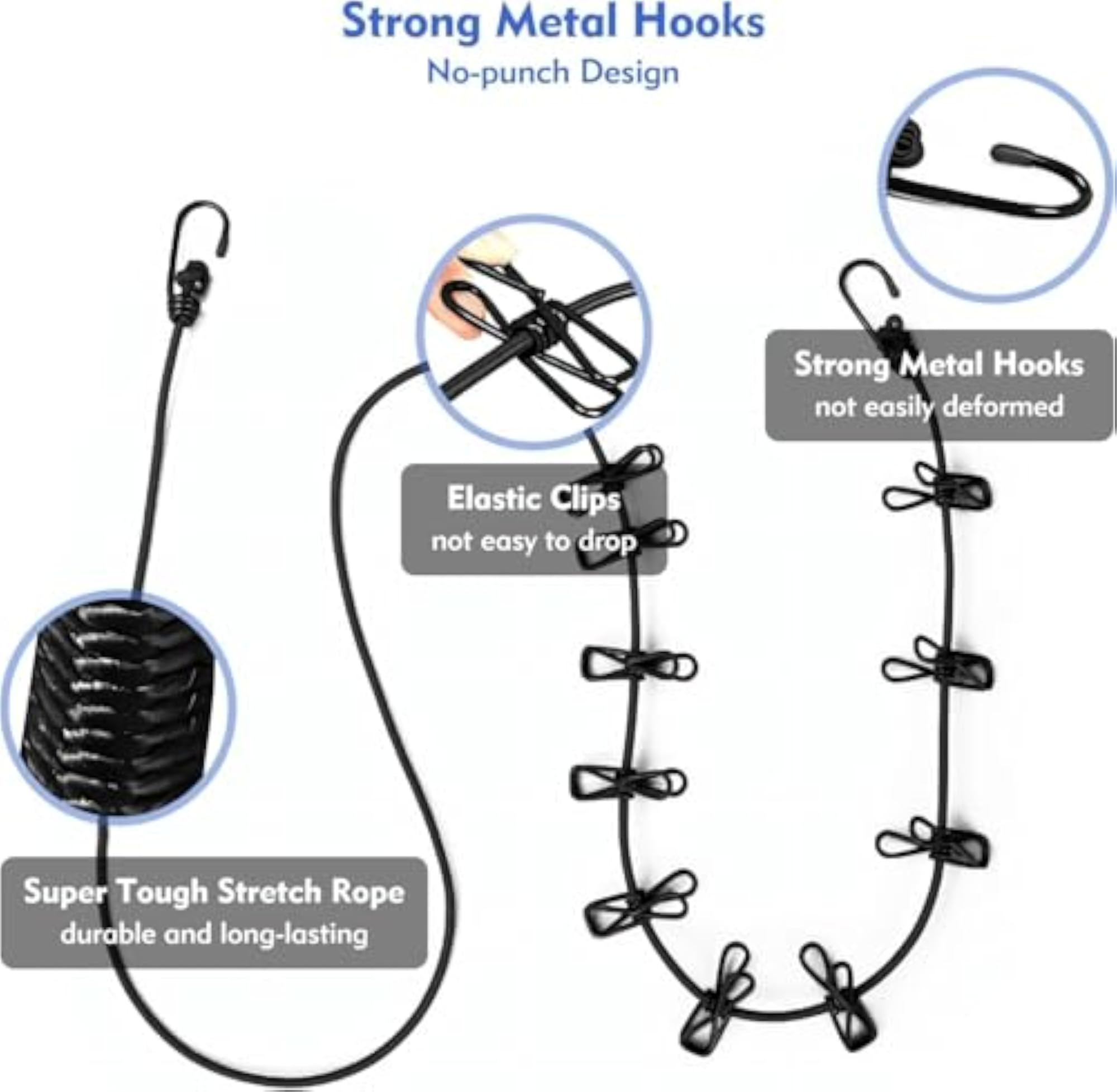 Windproof Clothesline with 12 Clips, Retractable Elastic Rope