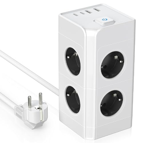 SUNMATIC Ciabatta Elettrica Torre 8 Prese con 2×USB-C + 2×USB-A, Multipresa 12 in 1 con Protezione Sovratensioni, Interruttore e Cavo 2m, 3680W/16A – Bianca