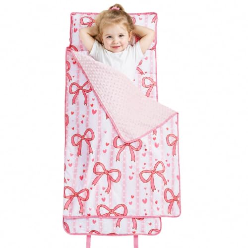 Image of Viviland Toddler Nap Mat, Rolled Sleeping Mats with Pillow and Minky Dot Blanket for Girls, Kids Slumber Bag Nap Mat for Preschool, Daycare, Kindergarten, Travel Camping - Pink Bow
