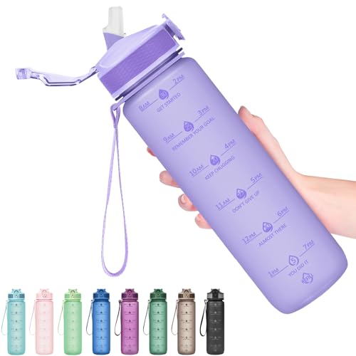 Hyeta Plastic Water Bottle With Straw & Time Marker, 32oz Leakproof Jug