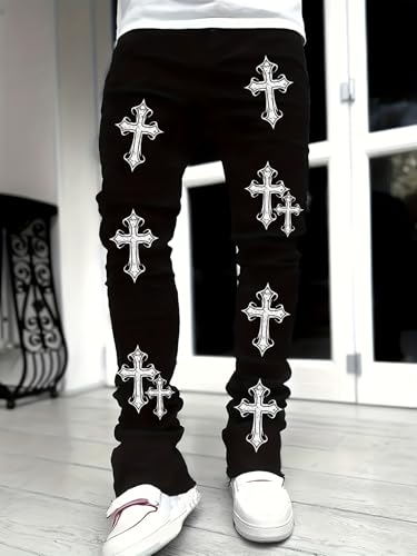 Men's Distressed Cross Print Denim Jeans - Raw Hem Streetwear Pants, Breathable Stretch Club Wear2