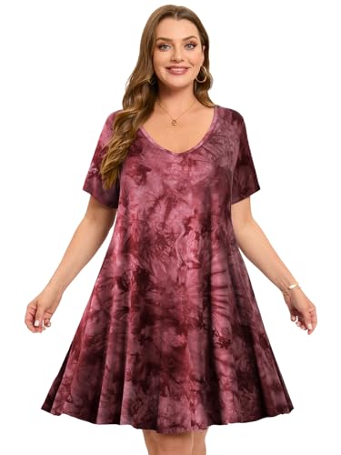Image of ZENNILO Women's Plus Size Swing Dress with Pockets Casual Summer Dresses V Neck Short Sleeve T Shirt Dress for Women