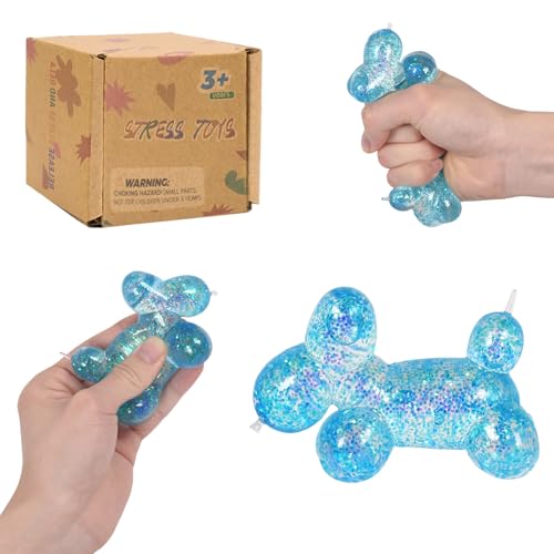 Balloon Dog Squishy Toy Stretchy Sensory Fidget Toy for Kids and Adults 1.97in Soft Stress Relief Squeeze Toy Cute Balloon Animal Desk Toy Glitter Squishy Gift(Blue)