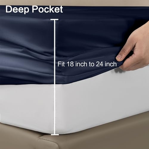 Image of Navy Fitted Sheet,Queen Size Fitted Sheet with Deep Pocket 18 inch,Ultra Soft & Breathable FittedSheet Easily Fits 18 inch to 24 inch Mattress