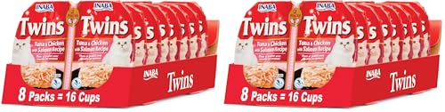 Image of INABA Twins for Cats, Shredded Chicken & Broth Gelee Side Dish /Topper Cups with Green Tea Extract, 1.23 Ounces per Serving, 16 Servings, Tuna & Chicken with Salmon Recipe, 1 Count (Pack of 32)