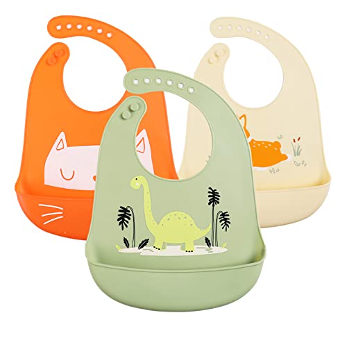 Image of YINGJEE Baby Silicone Feeding Bibs, 3pcs Adjustable Waterproof Bibs for Feeding