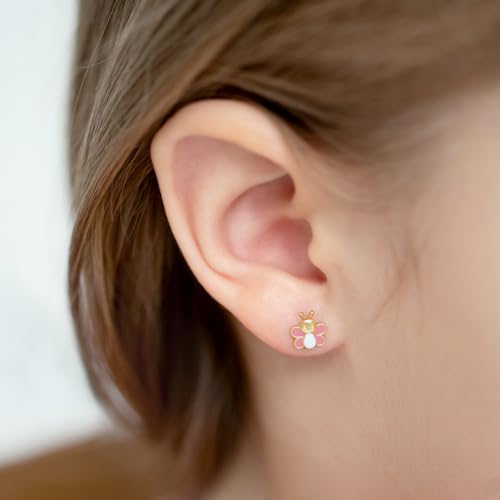 14k Yellow Gold Small Pink & White Enamel Butterfly Earrings for Toddler Girls - Delicate and Unique Tiny Bug Screw Back Girl Earrings3
