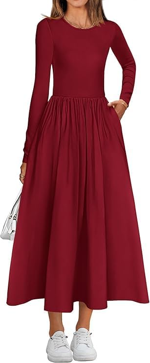 Women's Casual Fashion Waist Long Sleeve Bohemian Dress Flowy Beach Midi Dresses Party Wedding Guest Flowy Dress