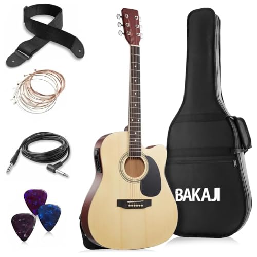 BAKAJI Guitarra electroacústica de 41 pulgadas con funda, kit de repuesto de cuerdas, púas, cable para amplificador y correa, guitarra folk con forma de cutaway para adultos y principiantes (natural)