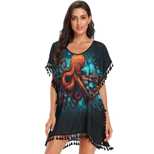 KAAVIYO Dark Sea Octopus Abstract Women's Beach Cover Up Chiffon Tassel Swimwear Swimsuit Coverups for Girl