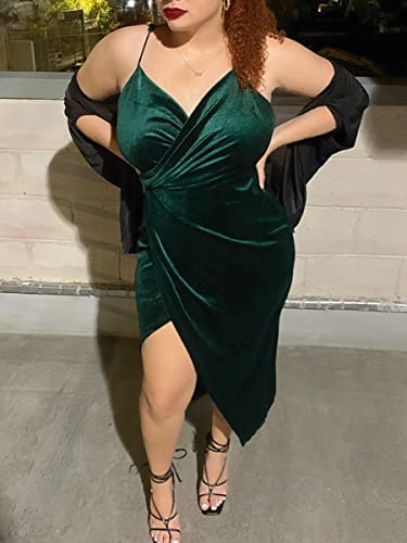 Missufe Women's Sleeveless Spaghetti Strap Wrap V Neck Bodycon Ruched Slit Midi Party Cocktail Velvet Dress4