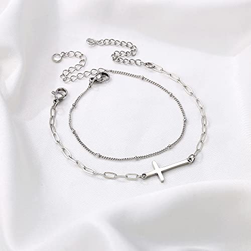 Turandoss Dainty Layered Bracelets For Women, 14K White Gold Filled Adjustable Layered Bead Chain Paperclip Link Chain Cross Bracelet Handmade Gold Bracelets For Women Jewelry thumb #5