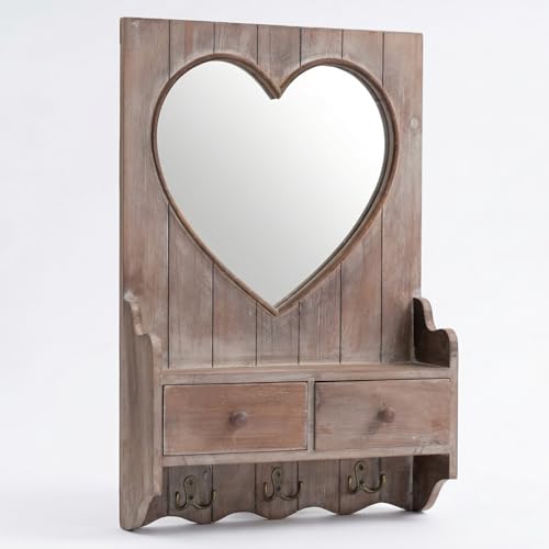 Rustic Heart-Shaped Wall Mirror with Storage Shelf