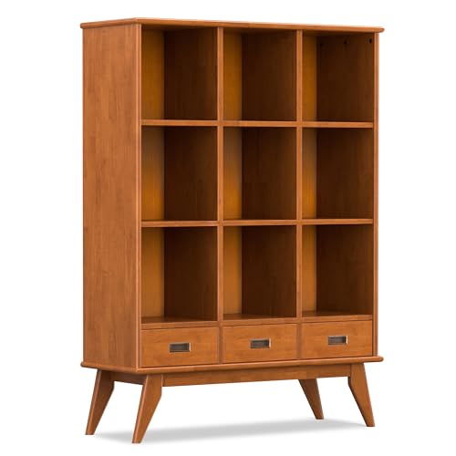 SIMPLIHOME Draper Bookcase - 58 inch Tall 9-Cube Solid Hardwood Cube Organizer with Drawers in Teak Brown, Mid-Century Storage for Living Room, Entryway or Bedroom with Cubbies and Angled Legs