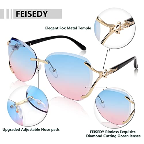 FEISEDY Classic Rimless Sunglasses Women Metal Frame Diamond Cutting Lens Ladies Large Fox Shades B41104