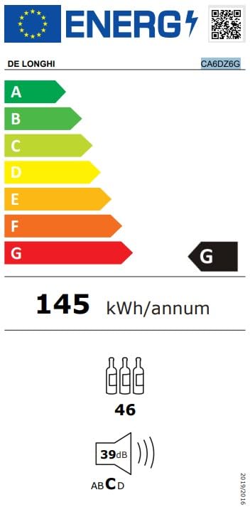 De'Longhi CA6DZ6G Cantinetta Refrigerata Vino, Da Incasso, Sotto Top, 134 Litri, 39 dB(A) 8 Ripiani In Legno, Controllo Temperatura, Luce Interna, Porta Reversibile, Colore Nero, Classe Energetica F - immagine 5