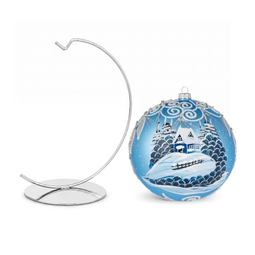 Hand Blown Glass Christmas Ornaments Ball, Wonderland Blue 8 in + Stand