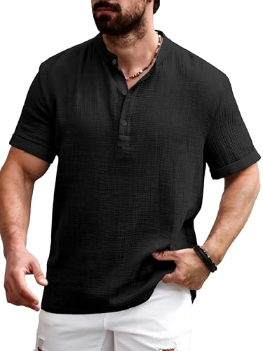 Image of Men Shirt | Black Textured Cotton Blend | Regular Fit Casual Shirt | Half Short Sleeve | Mandarin Chinese Collar | Button Down | Summer Office Wear | Stylish Shirt for Men