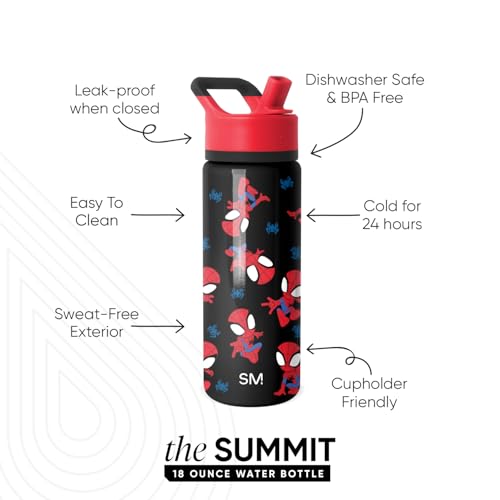 Image of Simple Modern Kids Summit Water Bottle with Straw Lid | Marvel Spider Man 18oz Stainless Steel Cup Insulated Tumbler for Boys, Girls, School | Go Spidey Go