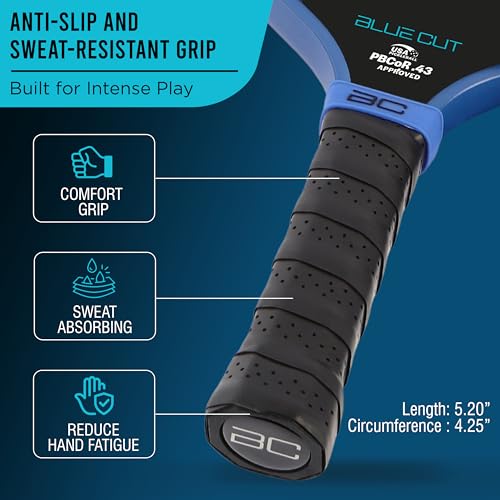 Blue Cut Pickleball Paddle – USAPA Approved Pickleball Paddles Racket with T700 Carbon Fiber, 16mm Honeycomb Core, Spin Surface, Pro Power Speed & Control – Includes Carry Bag - image 4