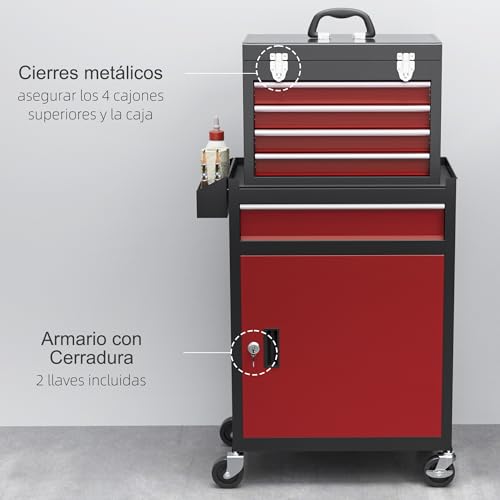 HOMCOM Carro de Herramientas con 5 Cajones y Cerraduras Carro de Taller con Ruedas Caja de Herramientas de Acero con Puerta Extraíble para Taller Garaje Negro y Rojo - imagen 6