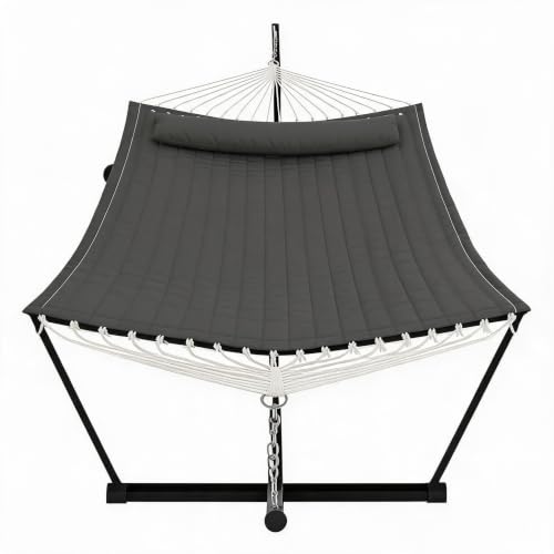 JustSmart Robuste Doppel-Hängematte mit Gestell & Kissen – 2 Personen – 450 lbs Belastbarkeit – Wetterfest & mit Balance-Seil – Für Garten, Terrasse, Pool, Camping & Outdoor – Dark Gray