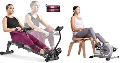 Sunny Health & Fitness Magnetic Under Desk Mini Exercise Cycle Bike, Dual Function Pedal Exerciser + Smart Compact Adjustable Rowing Machine, 12 Levels Adjustable Resistance, Complete Body Workout