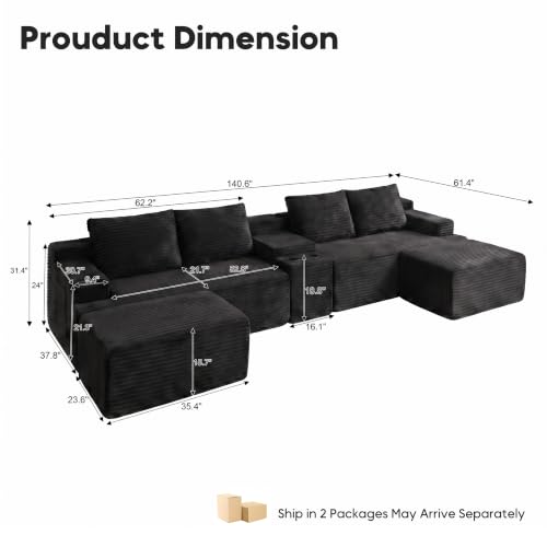 Image of 140 inch Modular Sectional Sofa Couch, Oversized U Shape Cloud Couch with 2 Ottomans, Storage and Cupholders, Corduroy Sofa Boneless Couches for Living Room, No Assembly Required, Black