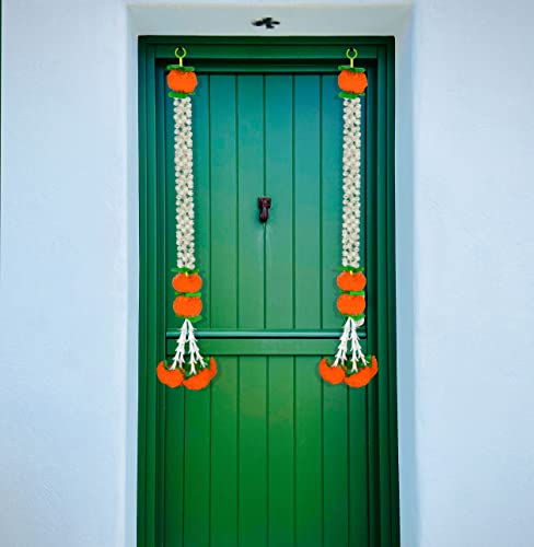Image of iHandikart Jasmine Artificial Orange Marigold Flower Hanging Garland Traditional Festive Garland for Door, Mandir & Pooja Decor Handmade Floral Decoration | 28 Inch | Pack of 10 (IHK-HV33302-10).