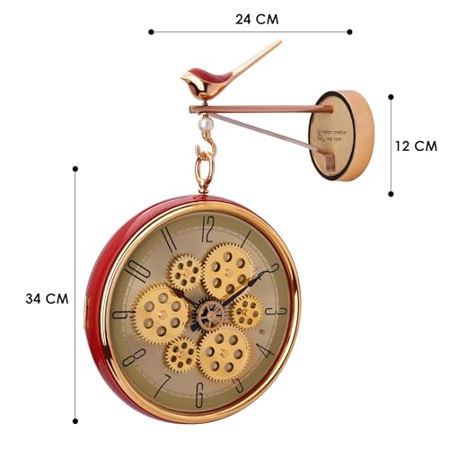 Image of Amazon Brand - Umi Silent Hanging Double Sided Wall Clock for Living Room Station Clock Two Faces Moving Gear Stylish Wall Clock for Hallway Office Home Decor 33 x 83 cm UC-13489 (Red)