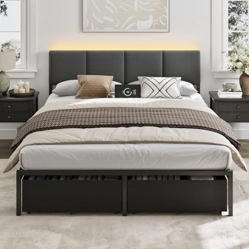 Furnulem Queen Bed Frame with Storage, Upholstered Bed Frame Queen Size with LED Light,USB Charging Station,Platform Bedframe with 2 Fabric Underbed Storage Drawers,No Spring Box Needed,Noise Free