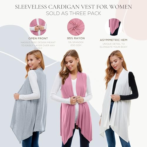 Image of Azules Sleeveless Cardigan for Women, Soft Lightweight Duster Open Front Sleeveless Long Cardigan Vest (3 Pack)