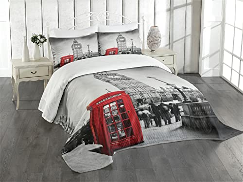ABAKUHAUS Londra Set Copriletto Trapuntato, Cabina telefonica Big Ben, Decorativo, 2 Pezzi con 1 Federe Cuscini, 170 x 220 cm, Grigio Rosso