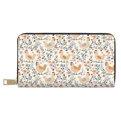 Floral Chicken Print Wallet Women Men, Long PU Leather Wallets for Women, Cute Womens Travel Wallet Purse Pouch with Zipper Pocket