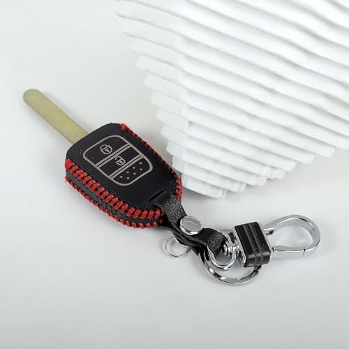 Image of Leather Car Key Cover with Key Chain for Honda City I-Vtech, I-Dtech (Black)