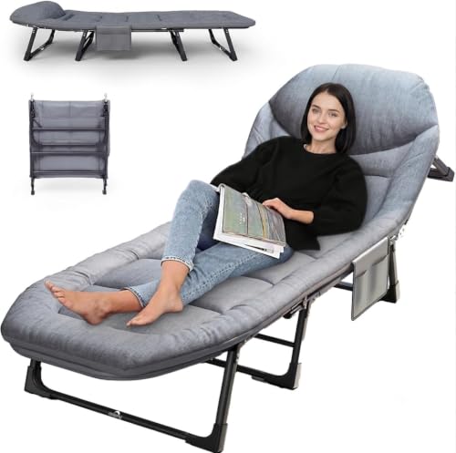 Image of DOLPHY Portable Folding Camping Cot Bed for Sleeping with Soft Cushion 6 Feet with Headrest 6-Position Adjustable Backrest & Side Pocket for Home,Office,Camping and Travel (Upto 100KG)