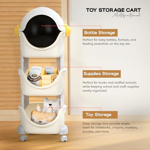 Image of BAYBEE Plastic Astro Storage Organizer Wardrobe for Clothes, Korner Baby Bookshelf with Detachable 3 Level Storage Box, Wheel Locking Mechanism, Kids Toys Storage Organiser for Babies, White