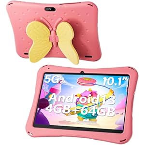 10 Inch Tablet for Kids, Android 13 Kids Tablet with Kids Case, 4GB RAM 64GB ROM, 1280 * 800 Display, 5000mAh, Dual Camera, Kidoz Pre Installed, WiFi, Yellowish Butterfly Handle