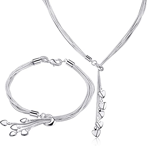 2 Pieces Five-line Chain with Five-heart Link Bracelet Bangle Italian Five-line Chain with Five-heart Love Necklace Link Necklace for Valentine's Day Women Girls (Silver)