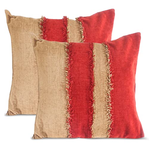 Image of Encasa XO Chenille Cushion Covers (Pack of 2) with Patchwork 40x40 cm - Mix & Match Pillow Covers in Bright Colours for Living Room, Sofa, Bedroom - Walnut+Red