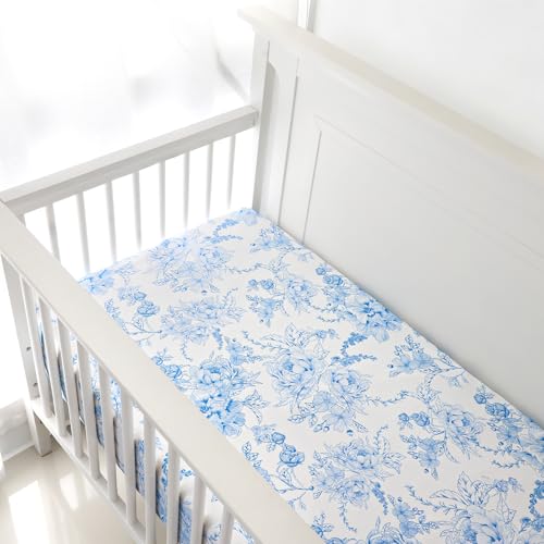 Image of DILIMI Fitted Crib Sheets for Baby Boys and Girls, Ultra-Soft Breathable Baby Crib Sheet Fits Standard Crib and Toddler Mattress, Blue Floral