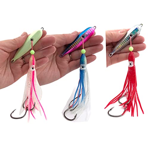3Pcs 6.3Oz / 180G, Shore Slow Flat Fall Jigging Lure Saltwater, Trolling Simulation Squid Lure, Fishing Jig For Cod Seabass Grouper Striped #TOP29
