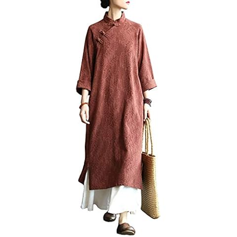 Shanghai Story Linen Coat Jacket Long Dress Chinese Cheongsam Style Dresses for Women Coffee Cover