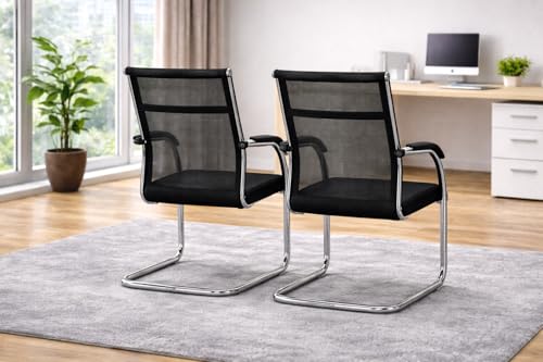 Image of TOBY Cantilever Office Visitor Chair | Breathable Mesh Back & Padded Seat | Conference & Reception Chairs with Armrests | Sturdy Chrome Frame, Non-Slip Feet Set of 2