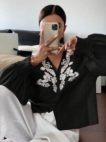 Women's Embroidered Puff Sleeve Blouse, Vintage Floral Boho V-Neck Button Down Shirts with Smocked Cuffs2