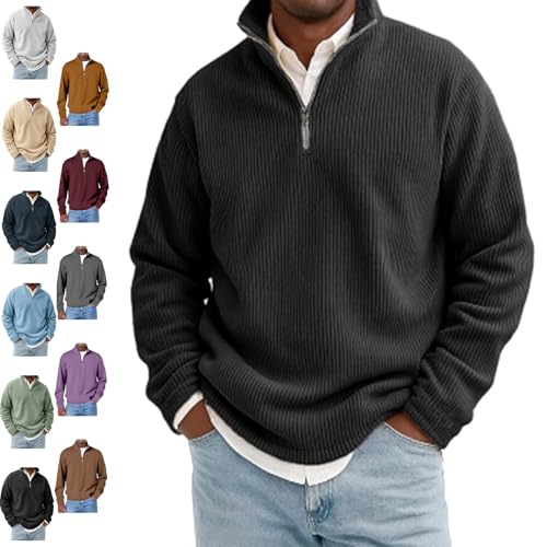Elegante sudadera polo de pana acanalada con cremallera de un cuarto para hombre, suéter de punto de manga larga con cuello alto, Negro, XXL